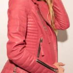 Womens Side Post Quilted Pink Leather Motorcycle Jacket