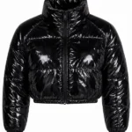Zora Faux Patent Leather Cropped Puffer Jacket - Black