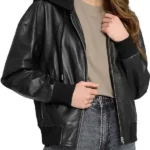 Black Leather Bomber Jacket with Removable Hood