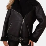 Womens Biker Aviator Black Shearling Jacket