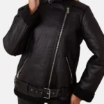 Womens Biker Aviator Shearling Black Leather Jacket