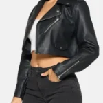 Womens Biker Cropped Black Leather Jacket