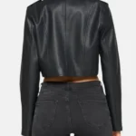 Womens Biker Cropped Black Leather Jacket Back