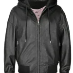 Women’s Black Hooded Leather Bomber Jacket with Removable Hood