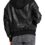 Women’s Black Hooded Leather Bomber Jacket with Removable Hood Back