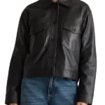 Womens Cropped Black Leather Trucker Jacket