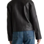 Womens Cropped Black Leather Trucker Jacket Back