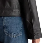 Womens Cropped Black Leather Trucker Jacket Sleeves