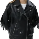 Women’s Fringe Asymmetrical Black Biker Leather Jacket