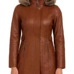 Women’s Shearling Hooded Brown Leather Long Coat