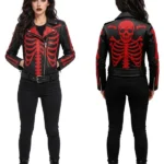 Black Leather Red Skeleton Bones Moto Jacket