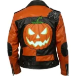 Halloween Patchwork Black and Orange Leather Biker Jacket